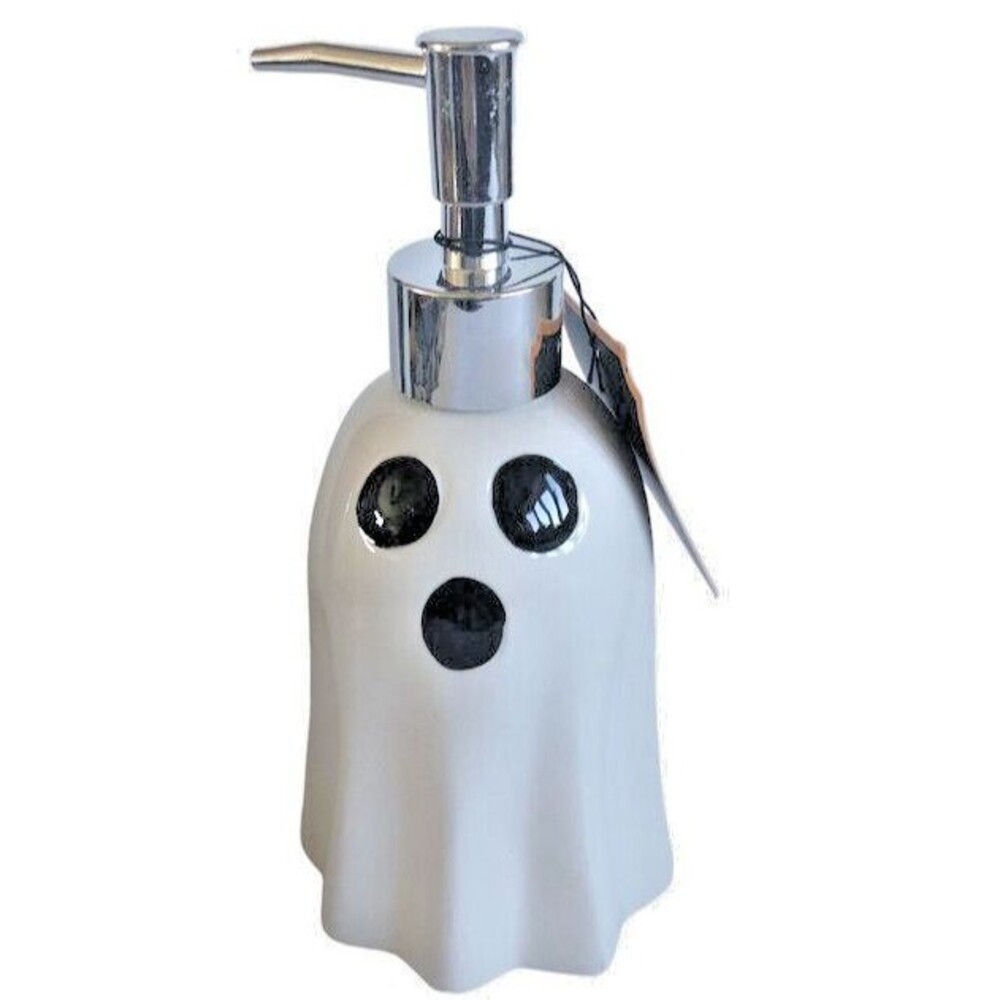 Halloween White Ghost Soap Lotion Pump Dispenser Ceramic Holds 11.8 FL OZ Spooky